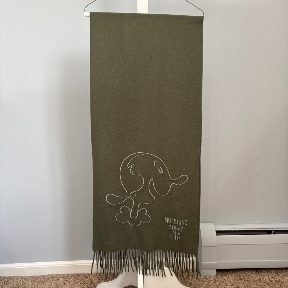 Moschino Olive Green Logo Fringe Scarf
